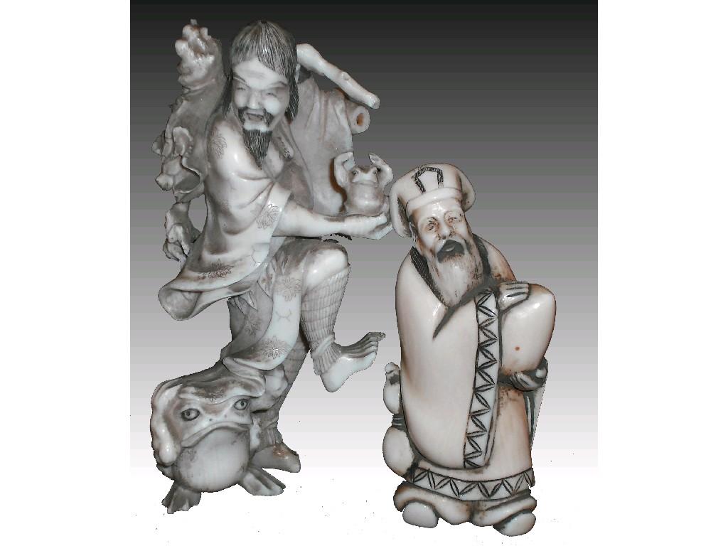 Appraisal: Japanese ivory okimono of a figure with numerous frogs high