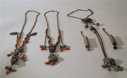 Appraisal: Five white metal silver and gem set pieces of Sino-Tibetan