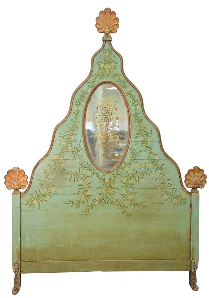 Appraisal: Carved and Painted Headboard with painted oval mirror height inches