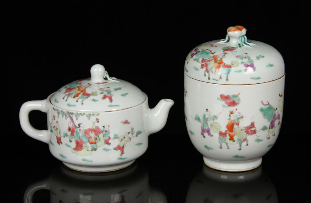 Appraisal: - Chinese Famille Rose Teapot and Canister Porcelain Chinese famille