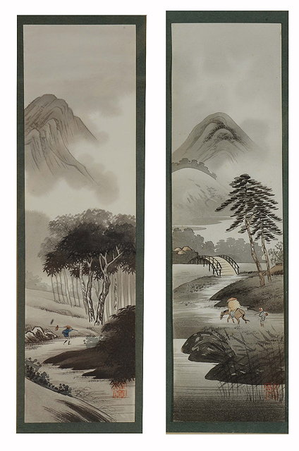 Appraisal: CHINESE SCHOOL TH CENTURY Figures in mountainous river landscapes watercolour