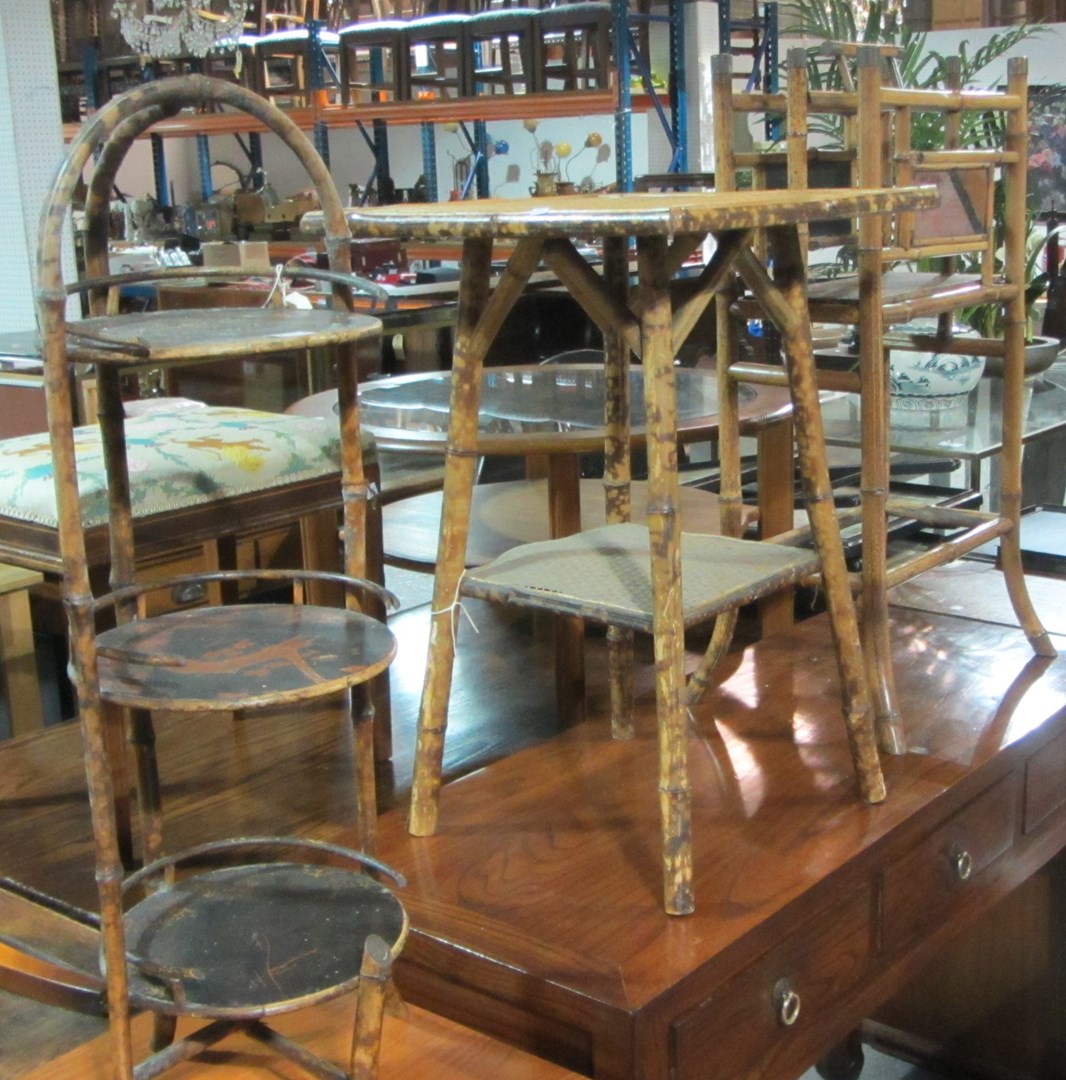 Appraisal: A group of bamboo furniture comprising a whatnot a Canterbury