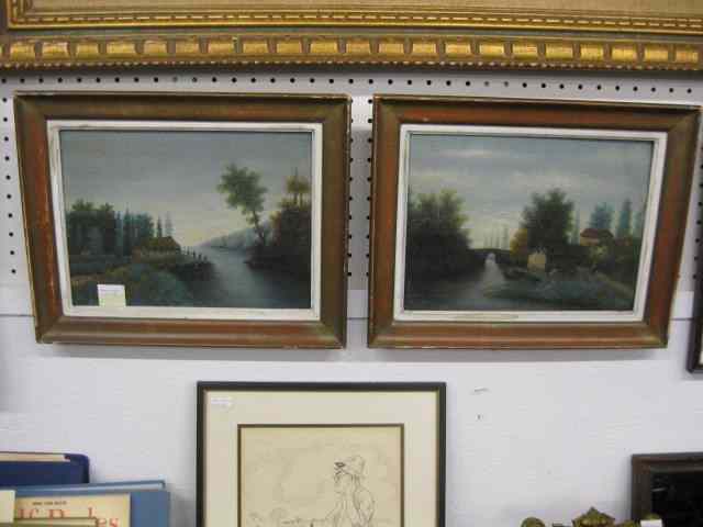 Appraisal: E Mansuy Pair of Oil Paintings Europeancottages along the river