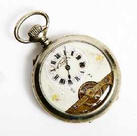 Appraisal: A sterling silver pocket watch with visible balance wheel and