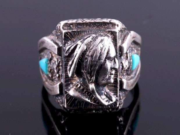 Appraisal: Navajo Sterling Silver Turquoise Indian Head Ring This is a