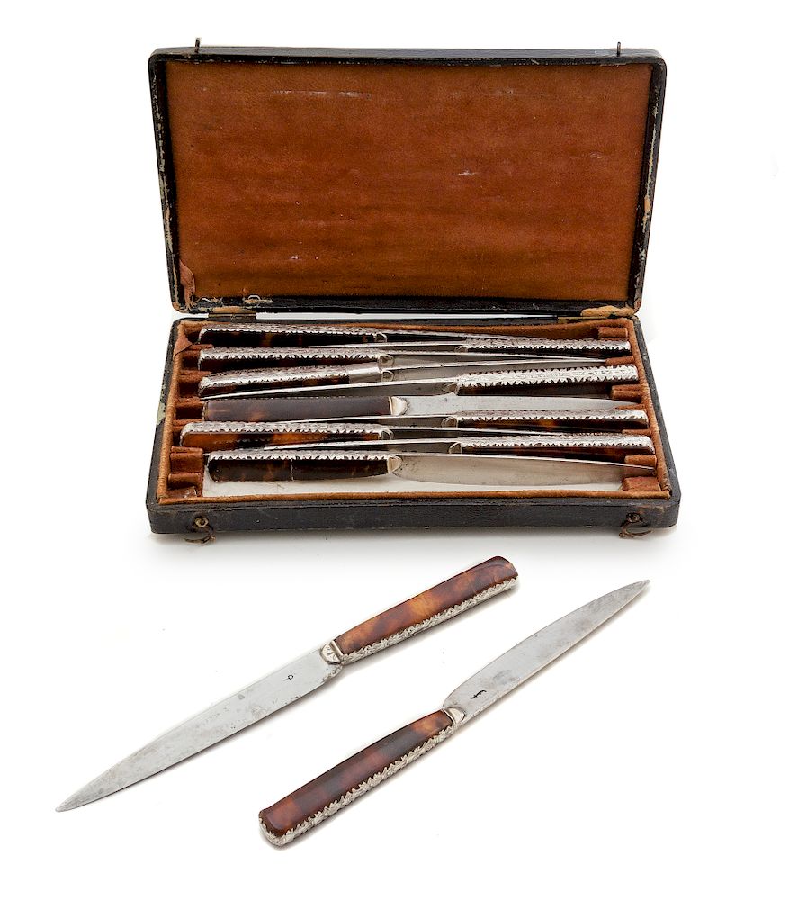 Appraisal: A Set of Silver and Tortoise Shell Steak Knives Length