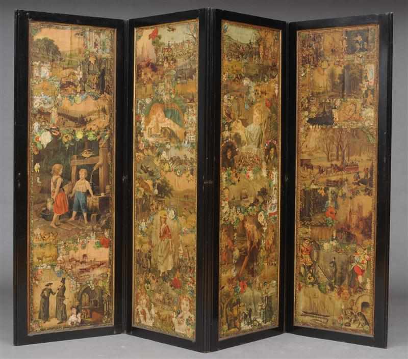 Appraisal: VICTORIAN DECOUPAGE FOUR-FOLD SCREEN Decorated on each side contained in