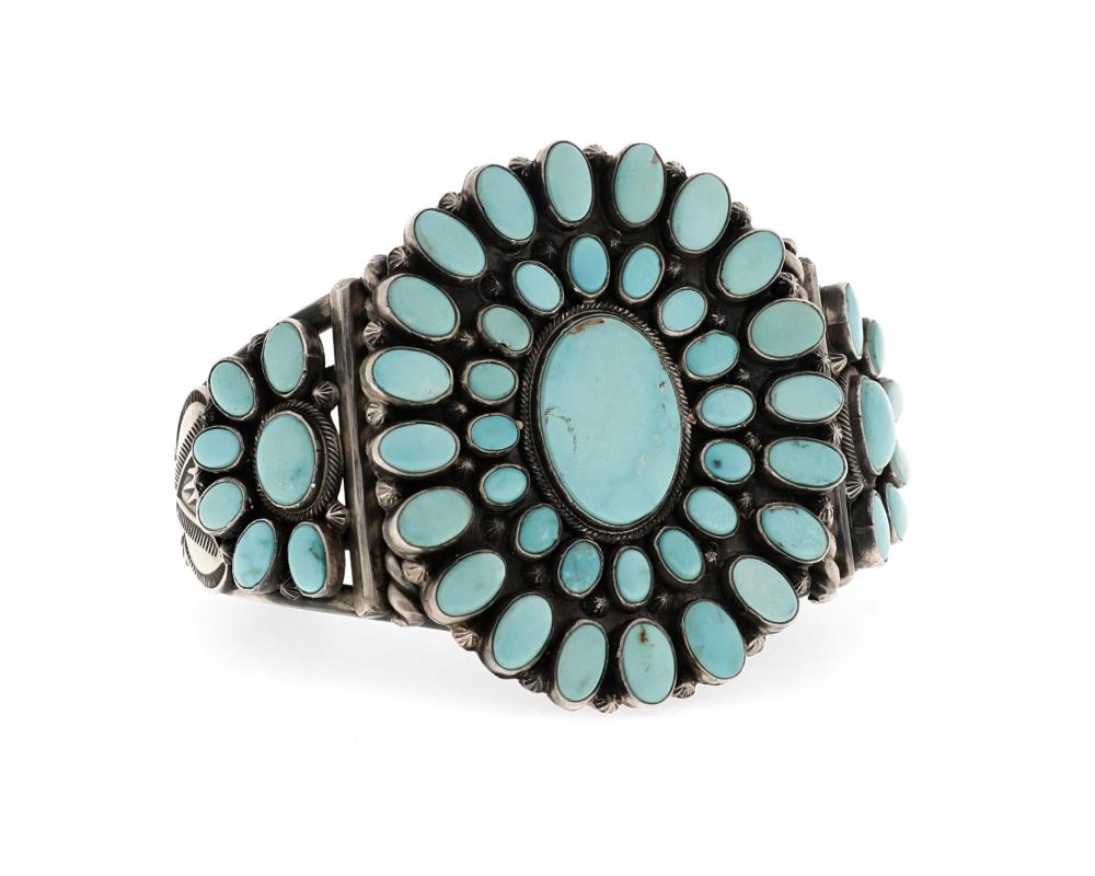 Appraisal: A Gary Reeves Navajo silver and turquoise cluster cuff bracelet