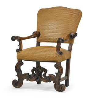 Appraisal: ITALIAN BAROQUE STYLE OPEN ARMCHAIR Carved walnut frame and upholstered