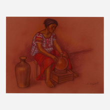 Appraisal: Ra l Anguiano WOMAN SEATED WITH POTS pastel on paper