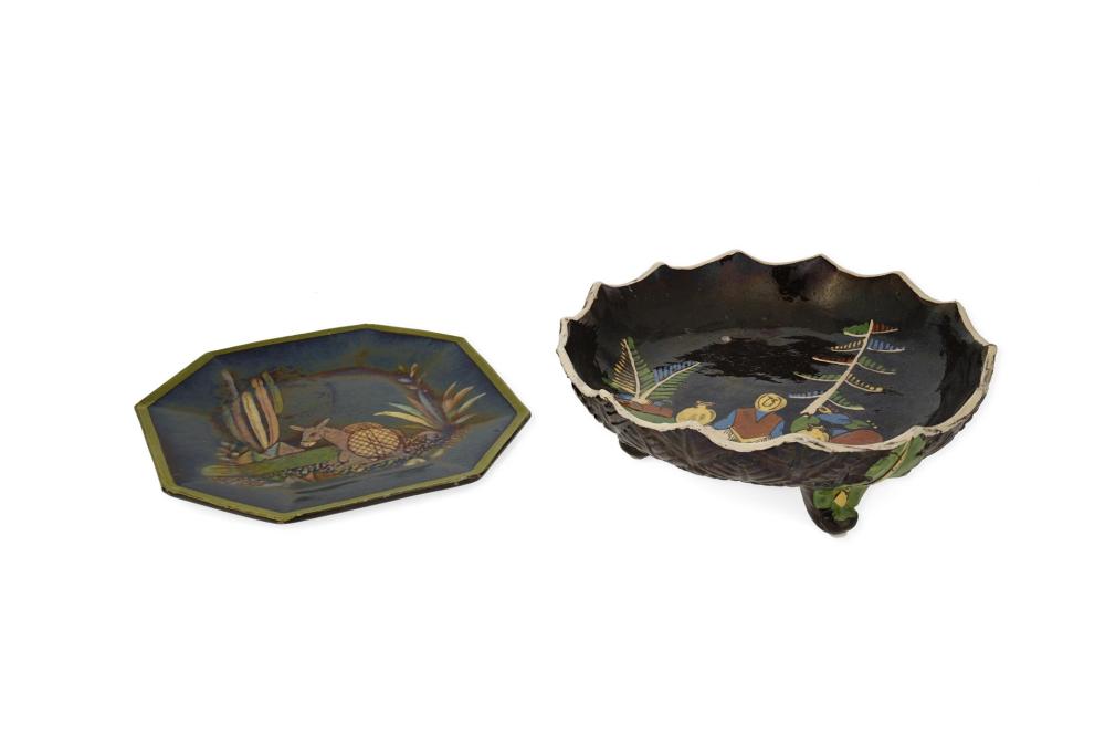 Appraisal: Two Tlaquepaque pottery serving pieces Two works A tripod bowl