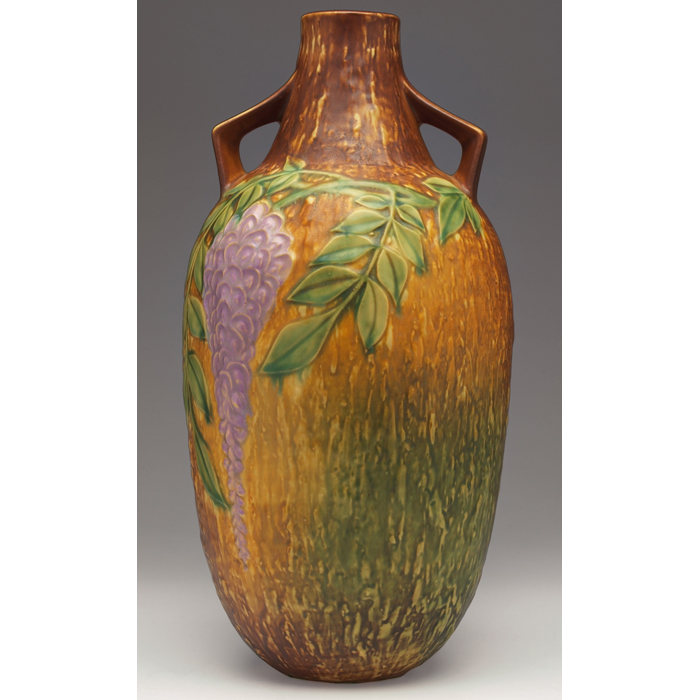 Appraisal: Fine Roseville Wisteria vase monumental double handled shape in brown