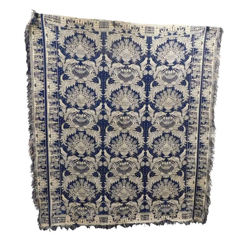 Appraisal: TEXTILE Blue wool and white cotton jacquard-woven coverlet c s