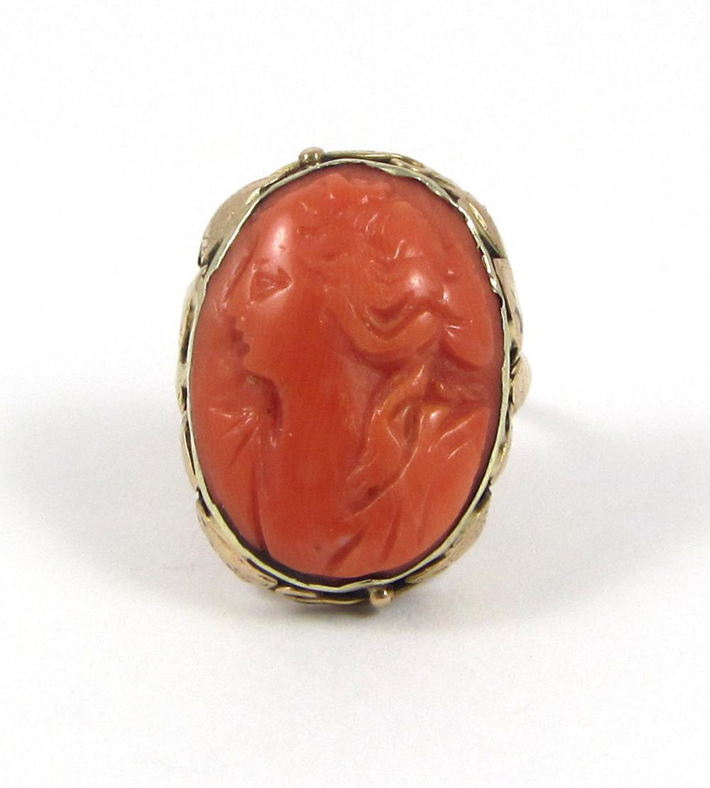 Appraisal: PINK CORAL CAMEO AND YELLOW GOLD RING The k yellow