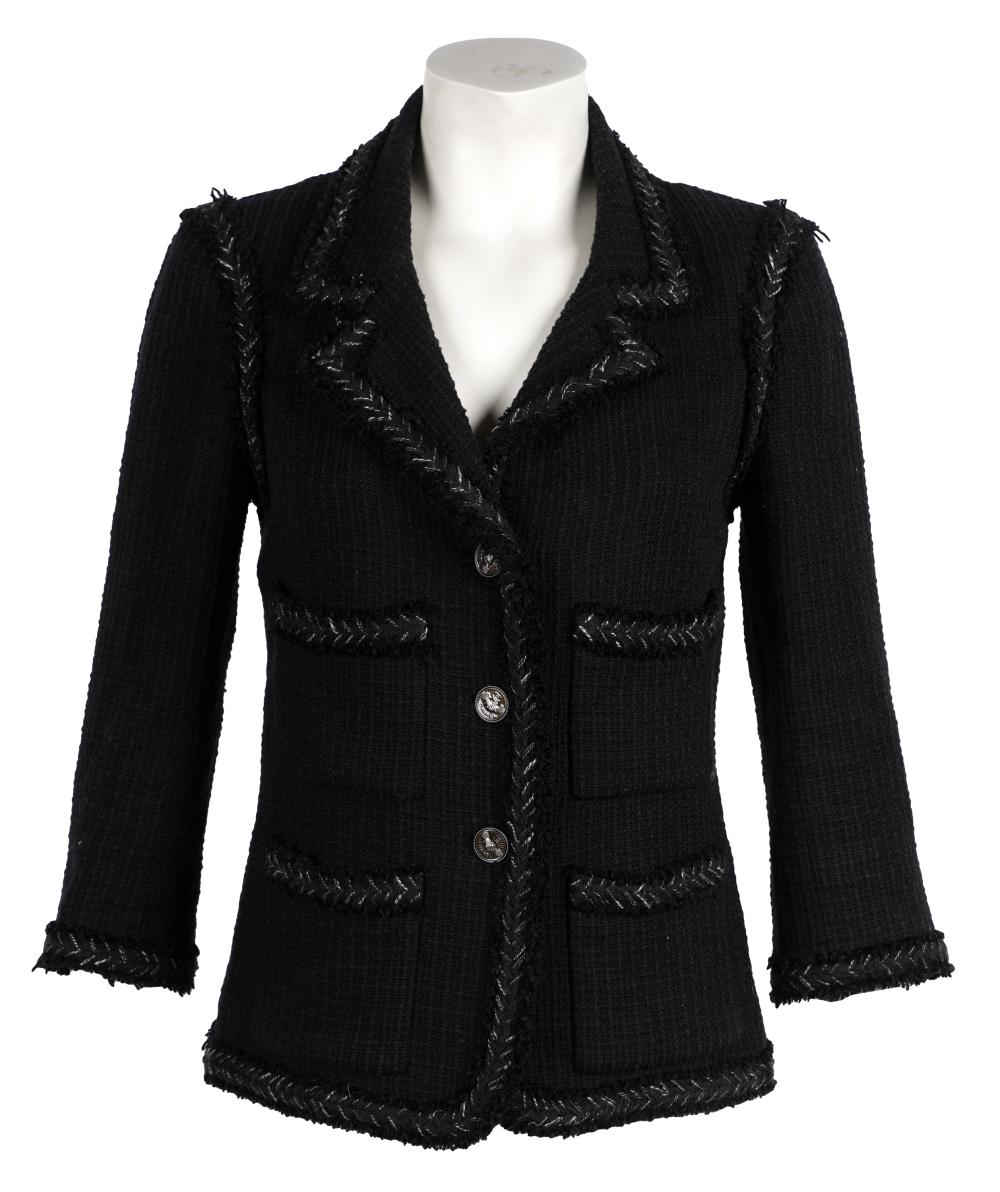 Appraisal: CHANEL BLACK TWEED JACKETcotton silk linen and nylon size Condition