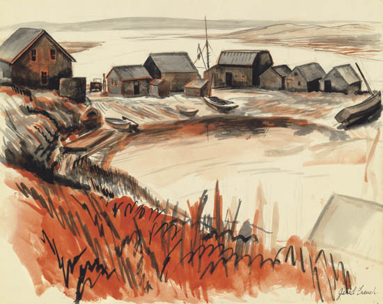 Appraisal: JARED FRENCH Fisherman's Village Watercolor and pencil on heavy cream