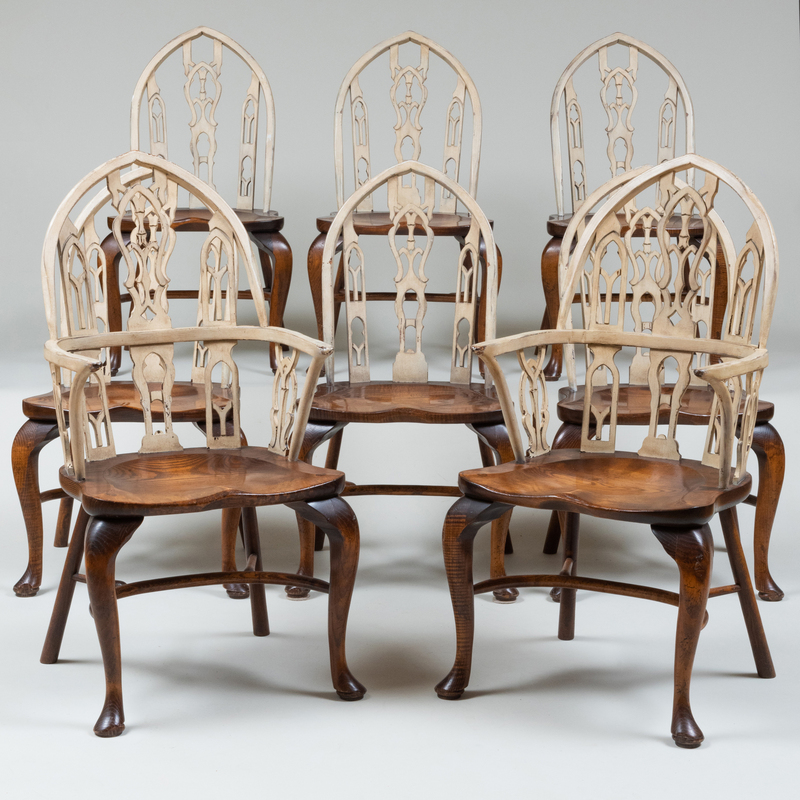 Appraisal: SET OF EIGHT NEO-GOTHIC STYLE WHITE PAINTED ELM DINING CHAIRS