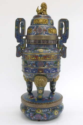 Appraisal: LARGE CLOISONNE ENAMELED METAL COVERED CENSER ornate decoration double handled