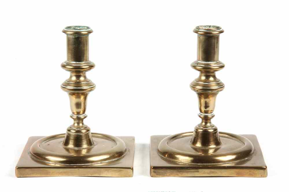 Appraisal: PAIR DUTCH TH C CANDLESTICKS - Solid Bell Metal Candlesticks