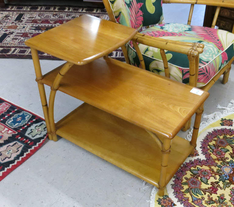 Appraisal: MID-CENTURY MODERN RATTAN AND MAPLE END TABLE Heywood-Wakefield Co model