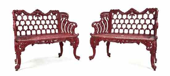 Appraisal: A Pair of Victorian Wrought Iron Benches having open scrolling