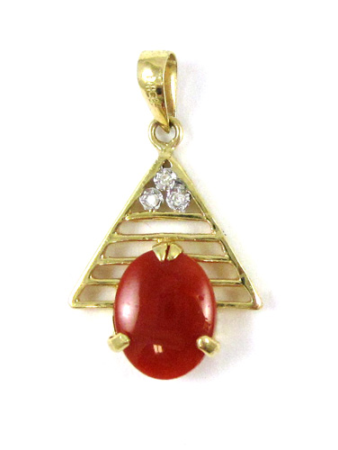 Appraisal: CORAL DIAMOND AND FOURTEEN KARAT GOLD PENDANT with three round-cut