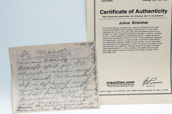 Appraisal: Unsigned handwritten statement by Julius Streicher in pencil one page