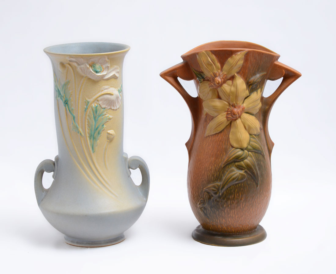 Appraisal: ROSEVILLE POTTERY TALL VASES POPPIES CLEMATIS pieces total to include