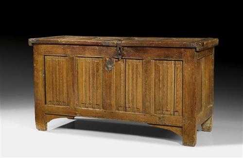 Appraisal: GOTHIC OAK COFFER France circa Shaped and finely carved with