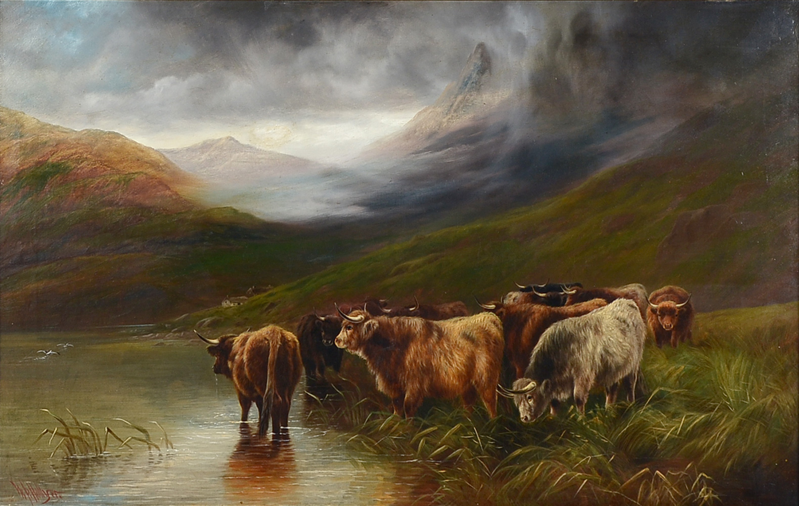 Appraisal: HOLLYER William Perring British - Highland Lakeside Scene with Cattle