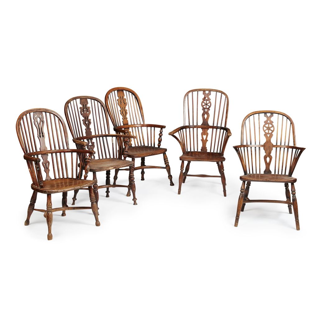 Appraisal: FIVE ELM AND ASH WINDSOR ARMCHAIRS TH TH CENTURY of