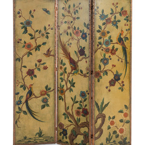 Appraisal: A Continental Painted Leather Three-Panel Floor Screen Late th Century