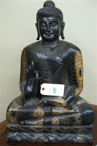 Appraisal: CARVED WOOD AMIDA BUDDHA FIGURE depicted in seated pose with