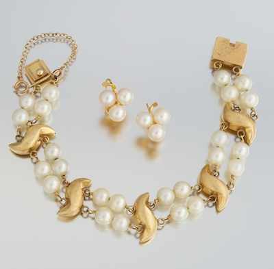 Appraisal: A Ladies' Vintage Pearl and Gold Bracelet and Earrings k