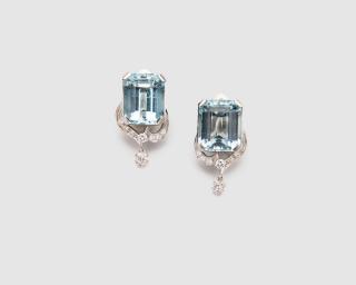 Appraisal: K White Gold Aquamarine and Diamond Earclips K White Gold