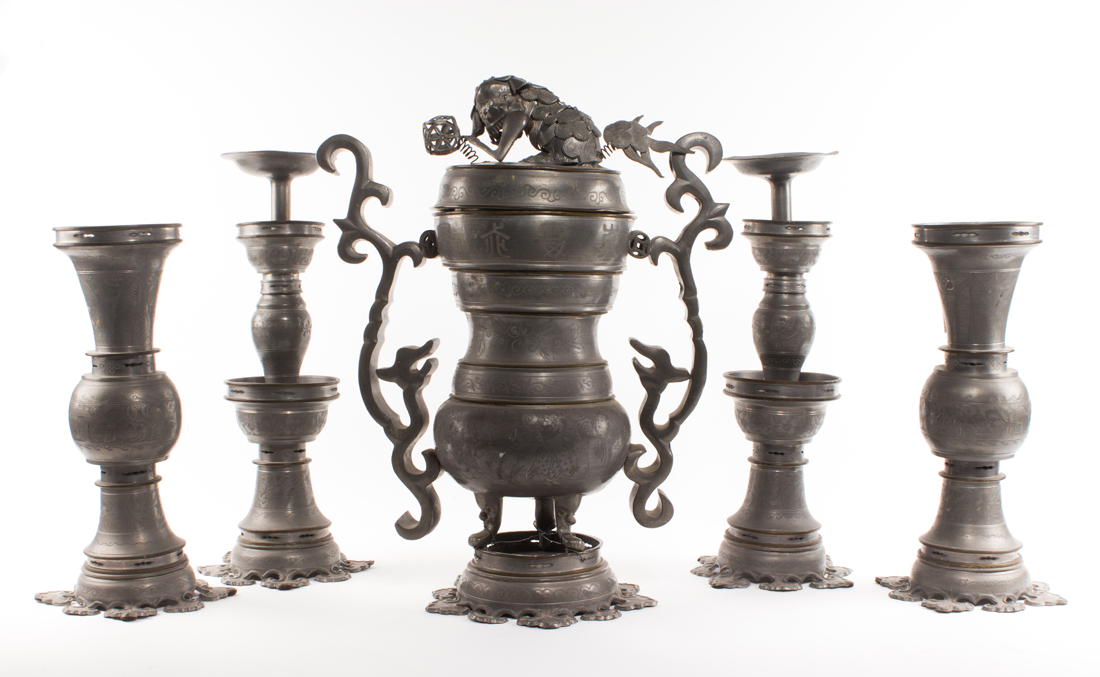 Appraisal: CHINESE FIVE-PIECE PEWTER ALTAR SET Chinese five-piece pewter altar set