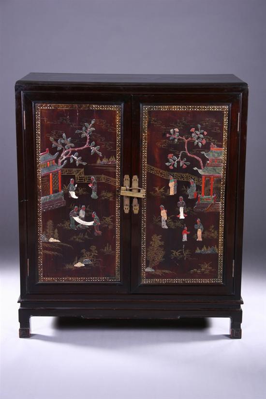 Appraisal: CHINESE BLACK LACQUER TWO DOOR CABINET - in x in