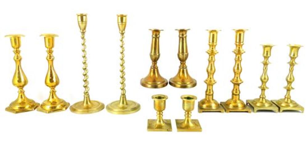 Appraisal: Six pairs of brass candlesticks late th th C tallest