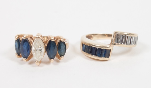 Appraisal: Two lady's gold diamond and sapphire rings K centering a