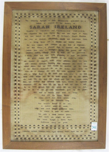 Appraisal: A HAND EMBROIDERED-STITCHED EPITAPH ON LINEN for Sarah Ireland dated