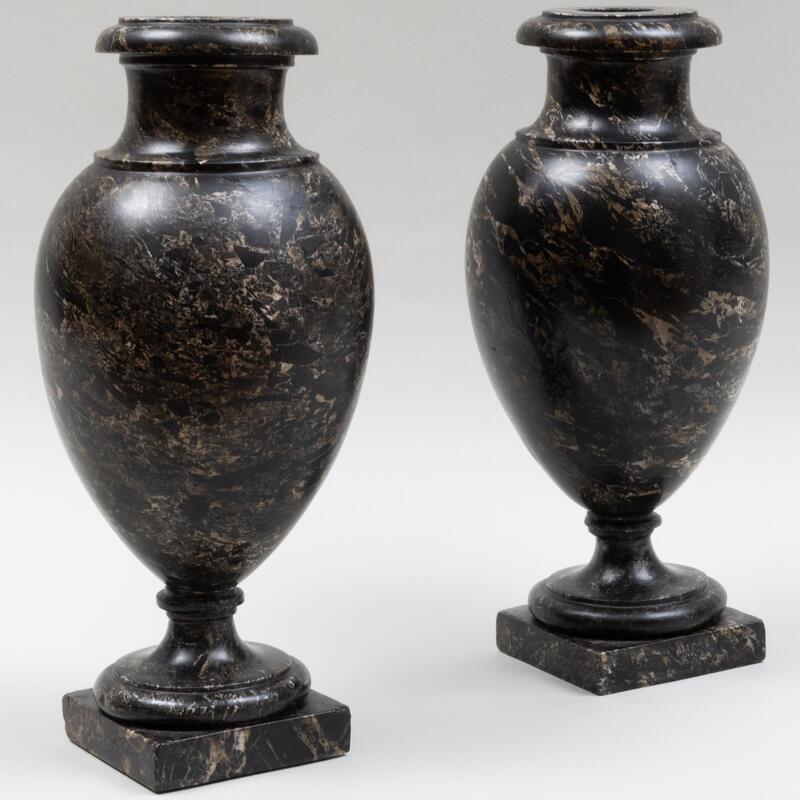 Appraisal: Pair of Louis XVIII Carved Black Veined Marble Vases x