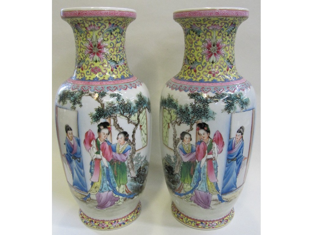 Appraisal: Pair of th century Chinese vases each decorated with women