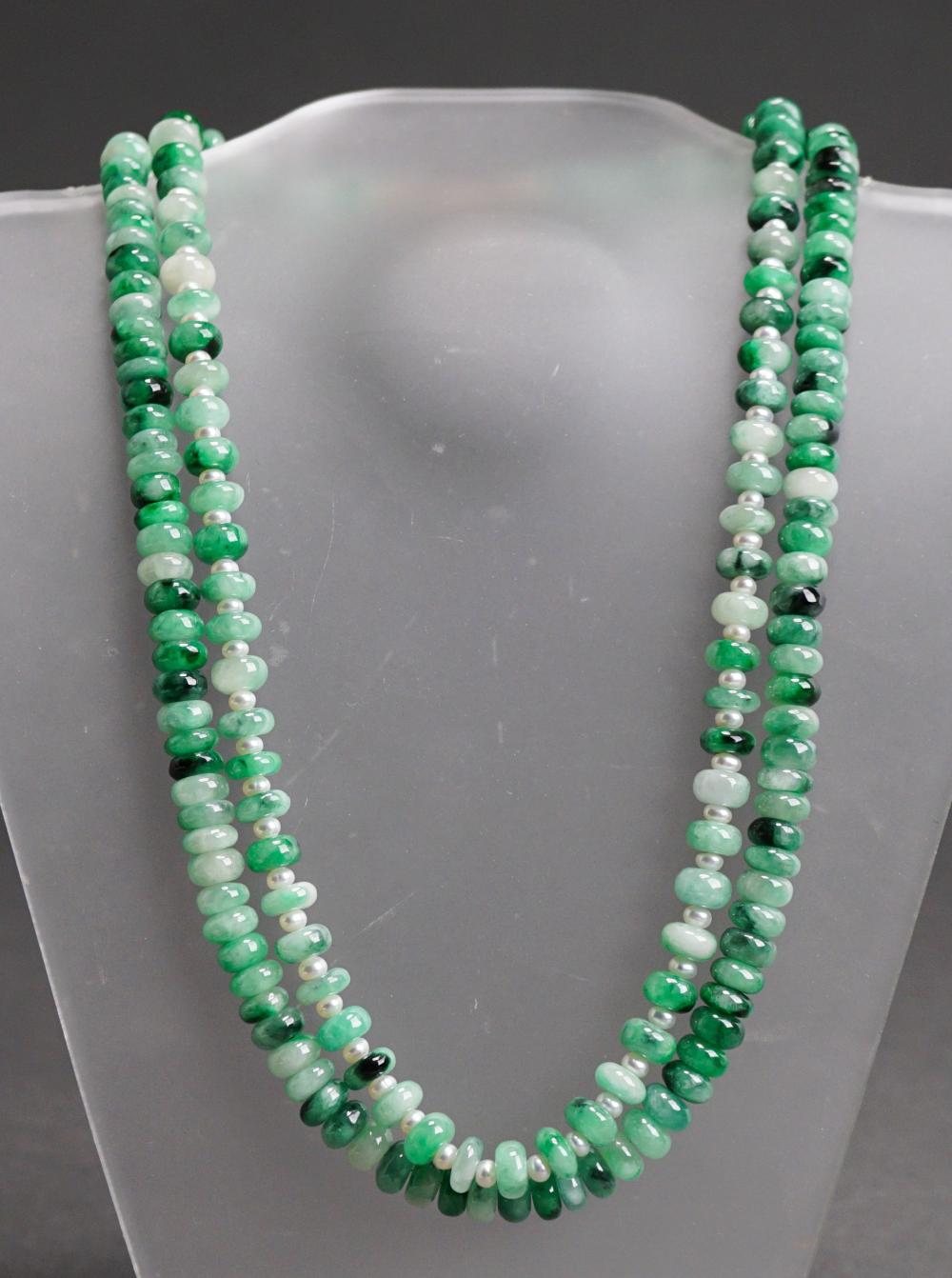 Appraisal: Silver Gilt Jade and Freshwater Pearl Double Strand Necklace Jade