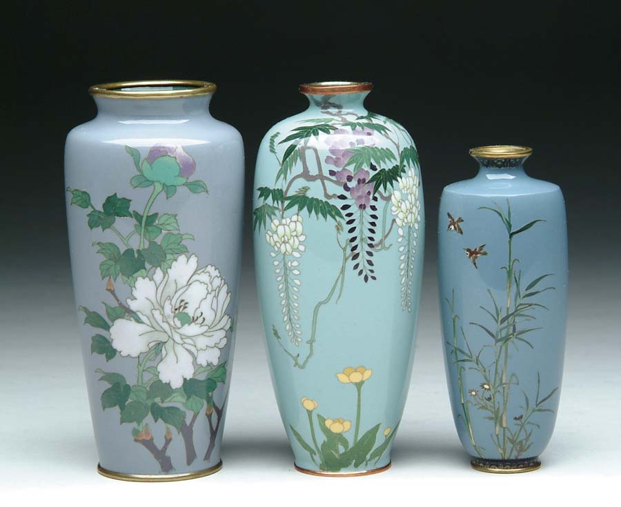 Appraisal: THREE JAPANESE CLOISONN ENAMEL VASES in slender tapered vase with