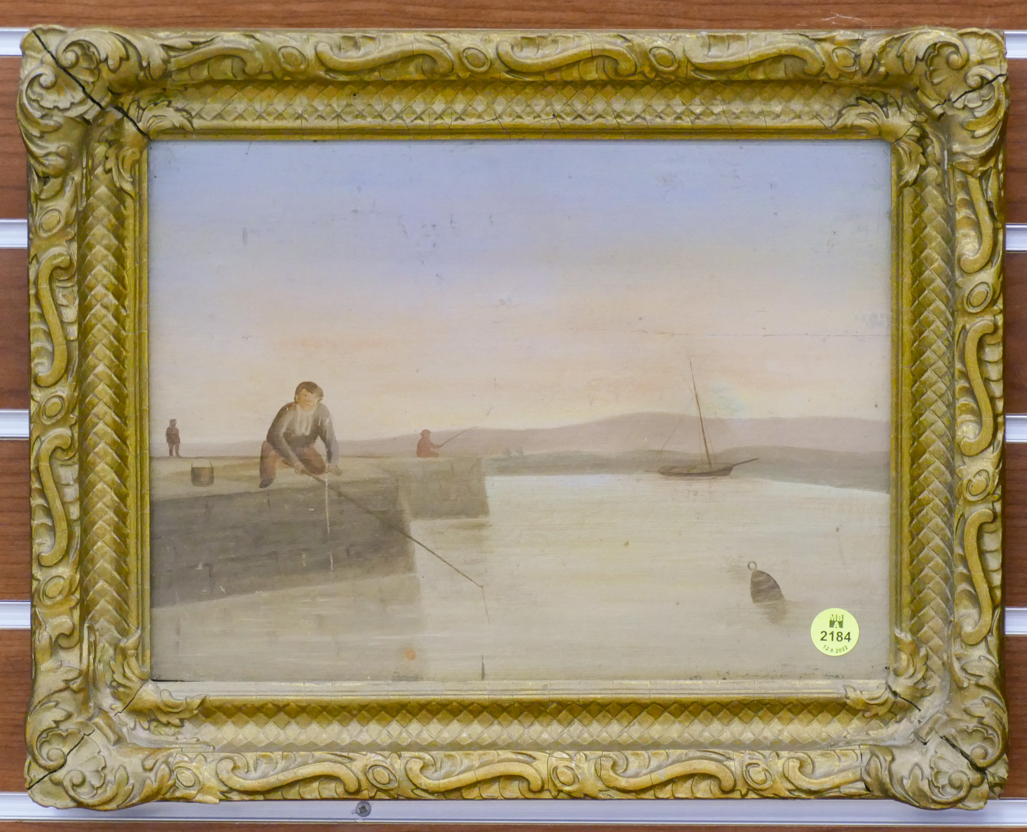 Appraisal: Antique Fishing Scene Naive Oil on Board Framed- x ''