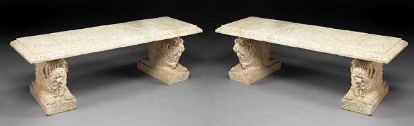 Appraisal: A pair of Neoclassical style travertine figural benches Each rectangular