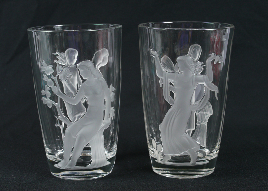 Appraisal: TWO VERLYS GLASS ''SEASONS'' ART DECO VASES Designed by Carl