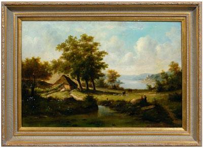 Appraisal: th century British School painting landscape with cottage and figures