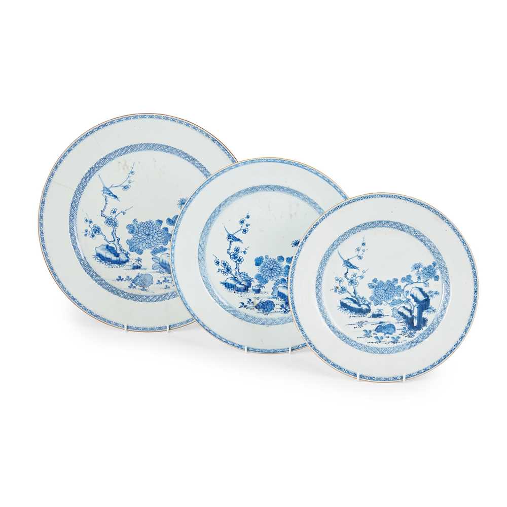 Appraisal: GROUP OF THREE GRADUATED BLUE AND WHITE CHARGERS QING DYNASTY