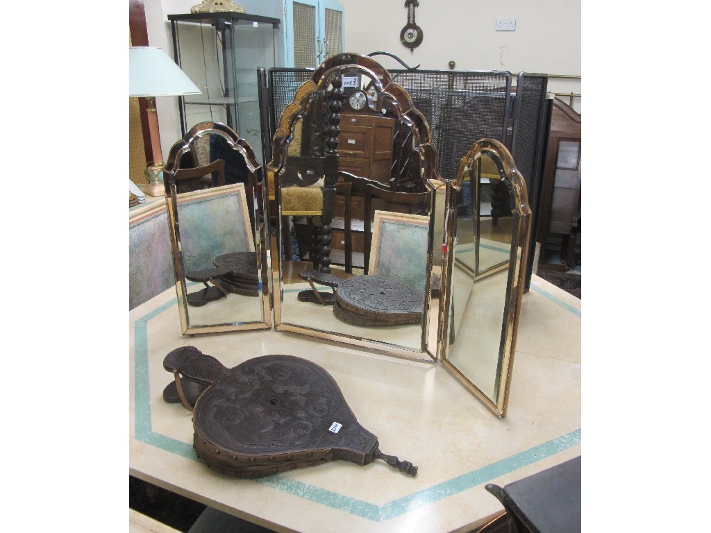 Appraisal: Tri-plate dressing mirror two fire guards and a set of